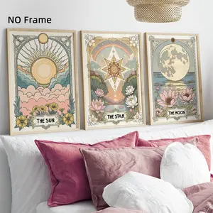Set of 3 Unframed Vintage Sun Star Moon Tarot Art Print, Retro Floral Botanical Wall Art, Boho Flower Canvas Posters, Celestial Wall Decor, Astrology Gift for Living Room, Bedroom, Office, Cafe, Dorm, Hallway, Home And Room Decoration