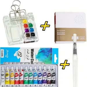 Portable 12-Color Watercolor Painting Kit Travel Painting Supplies Featuring 8/15 Grid Acrylic Palette Notebook Brushes and Clips Perfect for On-the-Go Painters