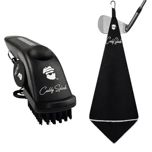 Golf Pocket Mag Towel - Black & Golf Club Water Brush Pro Bundle
