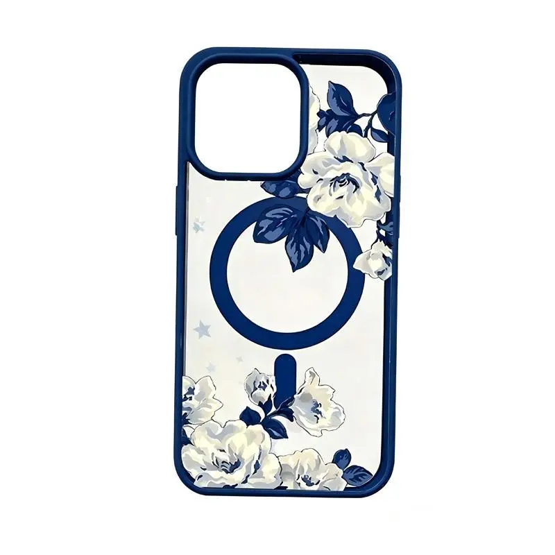 Vintage Porcelain Garden Blue Floral Magnetic Handheld Cellphone Case - Shockproof TPU Casing, Protective Aesthetic Phone Accessory for iPhone 17/16/15/14/13/12/11/X Plus Pro Max, Cute Flower-Themed Men's Devices Accessory Gift