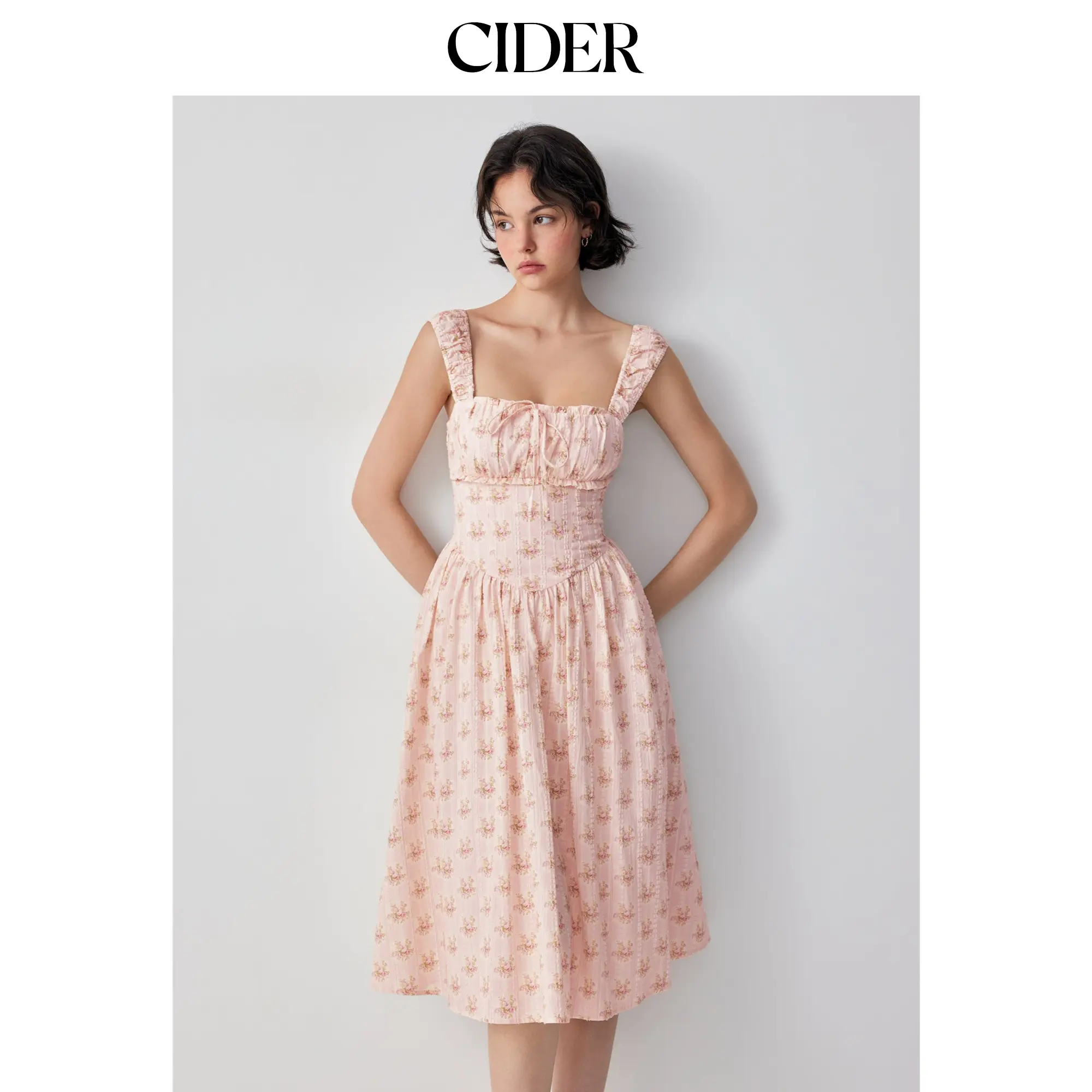 Cider Women's Sleeveless Cute Casual Cotton-Blend Textured Floral Print Ruffled Hem Lace-Up Sweetheart Fit & Flare Maxi Dress