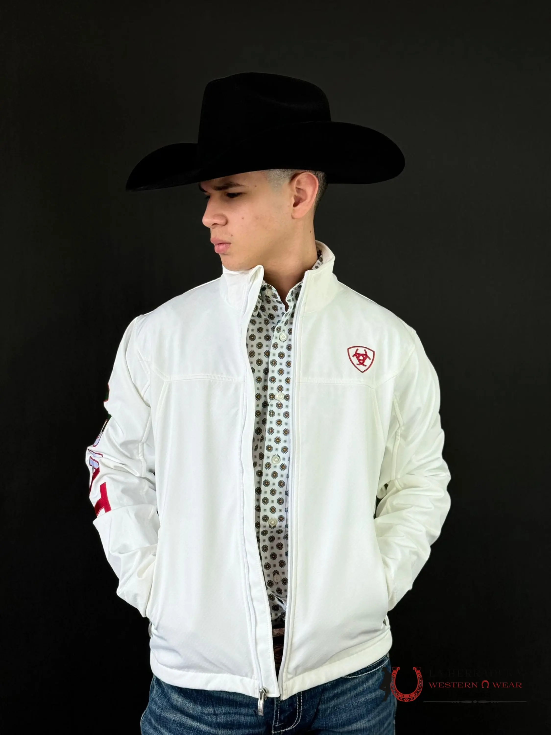 ARIAT Mens New Team Softshell Mexico White Jacket - All Seasons Wind & Water Resistant Long Sleeve Casual Coats with Zip Pocket