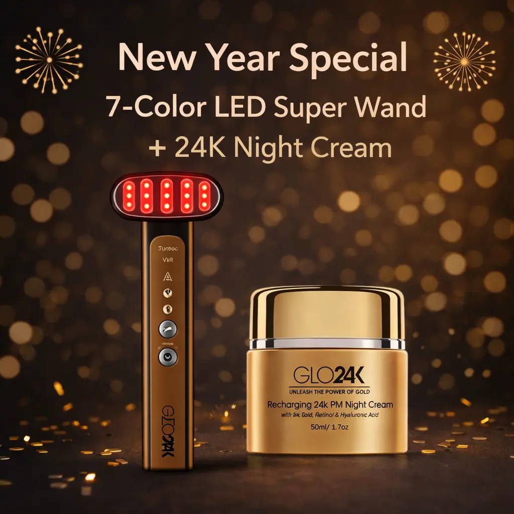 GLO24K 2-Step Premium Facial Rejuvenation Set 6-IN-1 Beauty Therapy Wand & 24K Night Cream for Skin Repair Fine Line Reduction Radiant Anti Aging Hydrating Dark Spot Remover