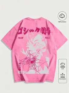 100%Cotton Soft Streetwear Graphic Tee, Loose Fit Short Sleeve Top, Gothic Spider Web Print, Long Clothing, All-Over Stars Design, Cool Streetwear Shirt