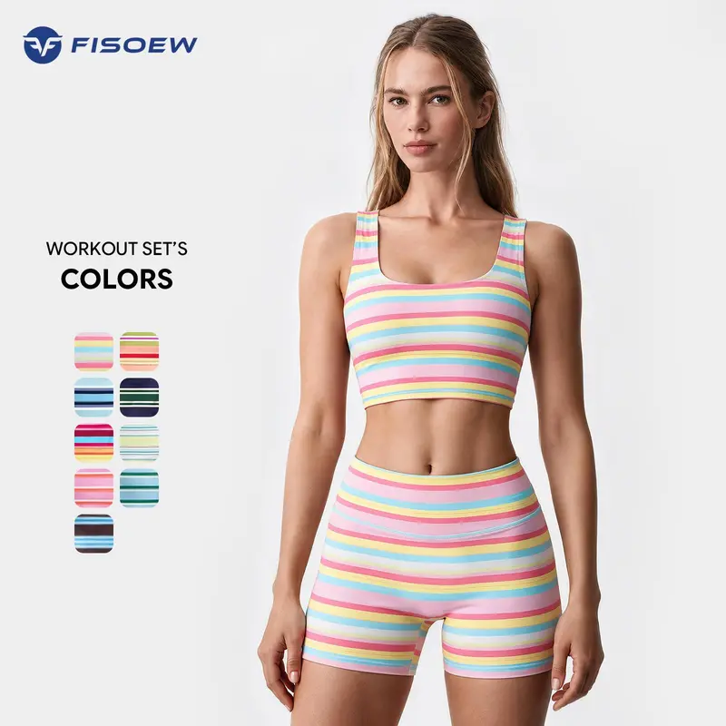 FISOEW Women's 2-Piece Rainbow Stripe Workout Set - Sleeveless Crop Tank Top, High Waist Biker Shorts, Gym Outfit, Lounge Wear, 2 Piece Sets