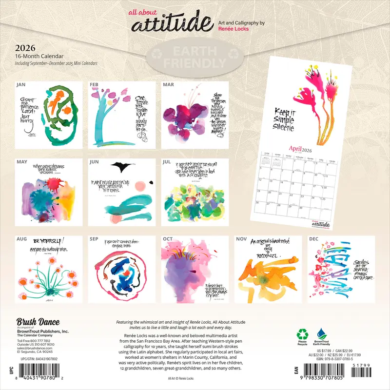 All About Attitude | 2026 12 x 24 Inch (Hanging) Monthly Square Wall Calendar | Featuring the Artwork of Renee Locks | Plastic-Free | Brush Dance | Art Paintings Inspiration Motivation 1