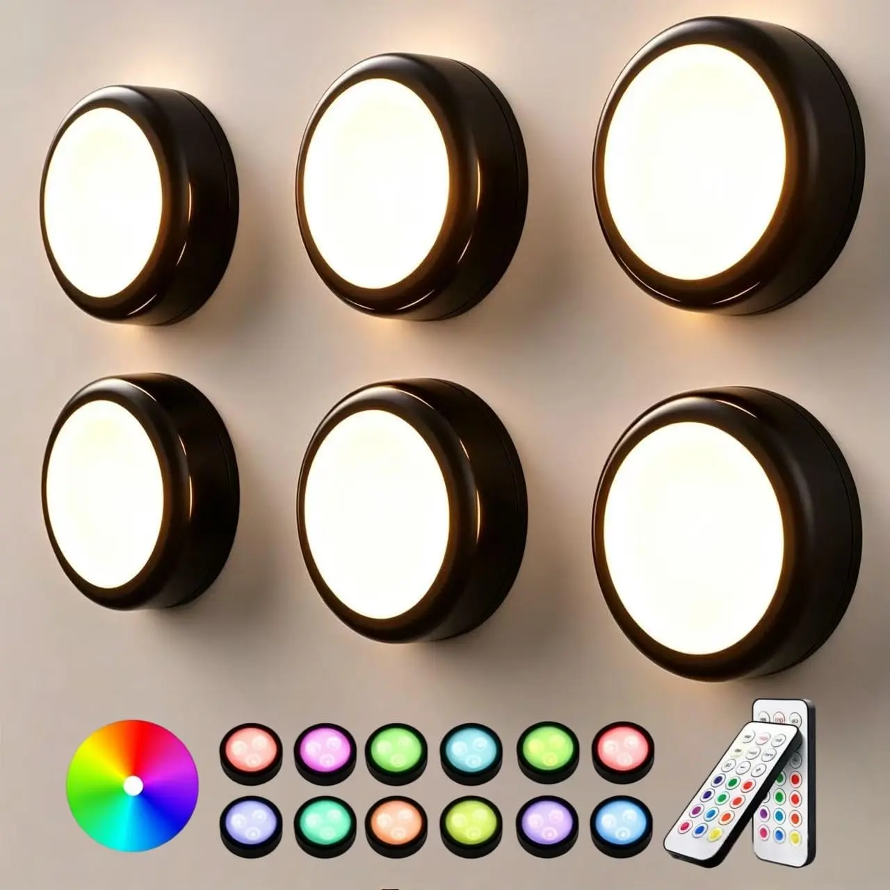 Push Lights with Remote, 6-Pack Black, Color-Changing