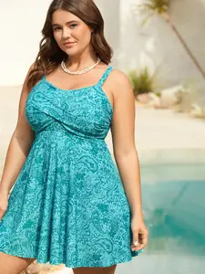 【Tammy Control】BLOOMCHIC Paisley Print Twist Front Swim Dress Turquoise High Stretch Bodycon Fit One Piece with Removable Cups & Lining Vintage Swimsuit Summer Swimdress sundress