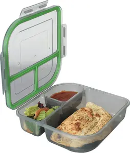 MyGo Container Small To-Go 3-Compartment Food Container, 8" x 8" x 2-1/2", Reusable, Microwave Safe, NSF Certified, Smoke/Green