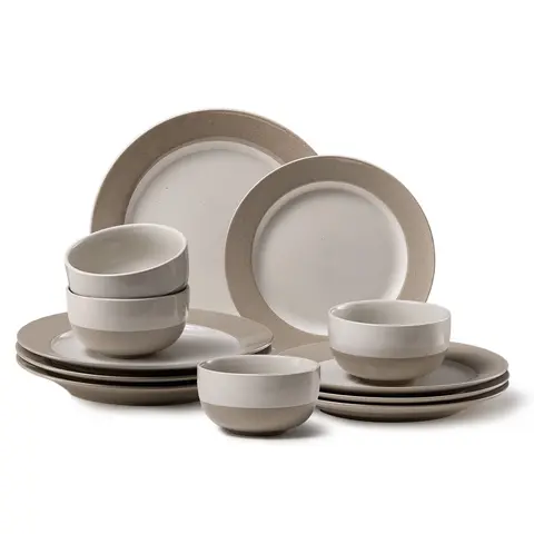 CAROTE [Official] 12-Piece Stylish French Country Stoneware Tableware Set - Modern Dish Set for 4, Includes Plates Bowls, Mugs, Chip-Resistant, BPA-Free, Contrasting Tones, Dishwasher & Microwave Safe
