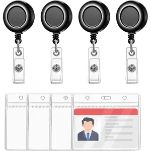 4 Pcs Badge Holder Horizontal, Clear Plastic Badge Holder with Reel Clip, Soft Plastic Retractable Name Tag Holders for Nurses, Doctors, Teachers, Office Staff