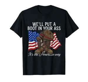 2026 Patriotic Men's Graphic Tee "WE'LL PUT A BOOT IN YOUR ASS" American Flag & Military Boot Art Soft Breathable Short Sleeve Menswear Top