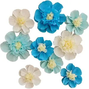 Crepe Paper Flower for Wall Psprt Pom Pom Decor Girls Birthday Party Backdrop  Shower  Room Decoration Pack of 9 (Blue White)