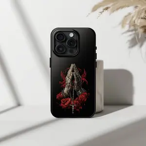 🙏 Gothic Praying Hands Rosary Case  Edgy Christian Tattoo Art with Red Roses for iP Phone 16 15 14 13 12 11 Pro Max Plus Mini X XR XS 8 7
