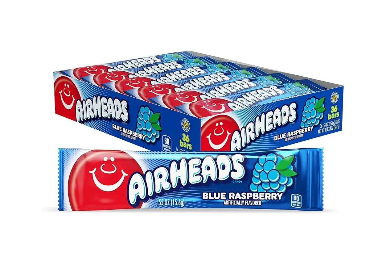 Airheads Candy, Blue Raspberry Flavor, Individually Wrapped Full Size Bars, Taffy, Non Melting, Party, Pack of 36 Bars,0.03 kilogram