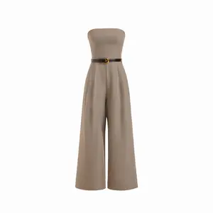 Cider Houndstooth Shirred Wide Leg Bandeau Jumpsuit With Belt