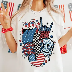 GENERIC Women's Retro 4th of July Lady Top - Short-Sleeve Round Neck Fabric T-Shirt for Independence Day Sublimation Designs