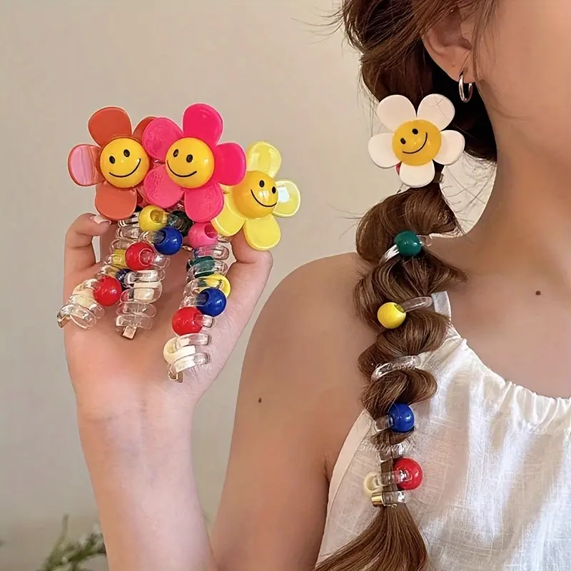 Women's 4-Piece Floral Spiral Plastic Scrunchie Set - Mixed Color Elegant Hair Ties for Daily Wear & Bubble Braids