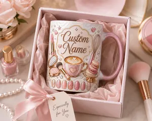 Personalized Beauty Coffee Mug, 2D Printed 3D Effect Pink Glam Ceramic Cup with Custom Name, Makeup and Latte Art Mug for Fashionistas and Beauty Lovers, Chic Vanity Desk Drinkware, Perfect Birthday Gift for Her