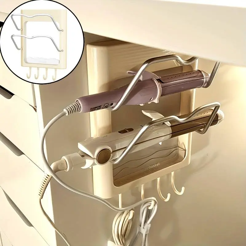 Wall Mounted Hair Straightener Holder, Space Saving Hair Dryer Holder, Hair Dryer Rack, Durable Bathroom Accessory Storage Box for Curlers and Hair Straighteners