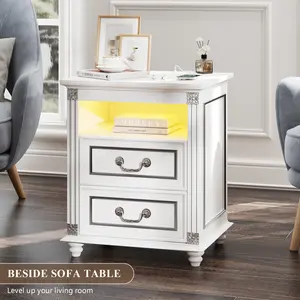 Vlsrka Multifunctional Nightstand with 3 Color LED Light Strips, 2 Storage Drawers, Power Outlet & USB Ports, Smart Night Light Design, Modern & Minimalist Bedroom Upgrade storage  bins