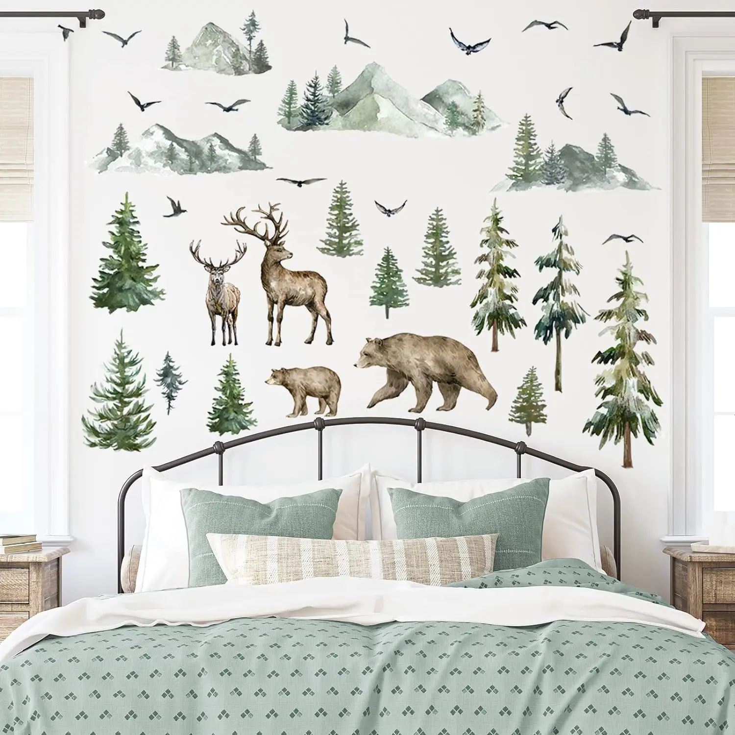 Mountain Wall Decals Large Pine Tree Wall Decals Peel and Stick Forest Tree Deer Birds Animal Wall Decals Mountain Tree Wall Stickers for Kids Room Nursery Decor Decorative Christmas