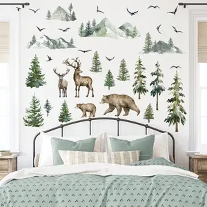 Mountain Wall Decals Large Pine Tree Wall Decals Peel and Stick Forest Tree Deer Birds Animal Wall Decals Mountain Tree Wall Stickers for Kids Room Nursery Decor Decorative Christmas
