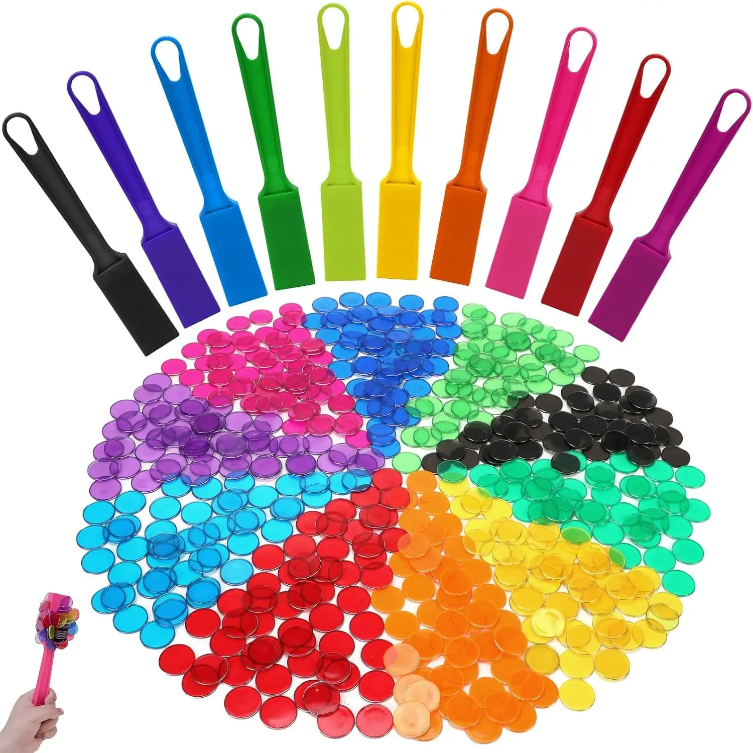 10 PCS 7.87 Inches Multi-color Magnetic Bingo Wands with 500 PCS Bingo Chips for Counting, Science Learning, Family Game Night Activities