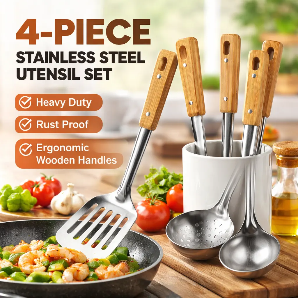 4pcs Brushed Stainless Steel Wok Utensils Set with Wooden Handles - Wok Spatula, Ladle, Slotted Scoop, Skimmer Soup Strainer, Hanging Kitchen Tool, Cookware Accessories for Healthier Meals, Cleaner Plates