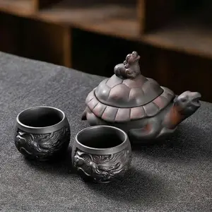 Relief-patterned Purple Clay Gongfu Tea Set Ceramic Teapot Gift Set with Unique Turtle Design and Dragon Cups