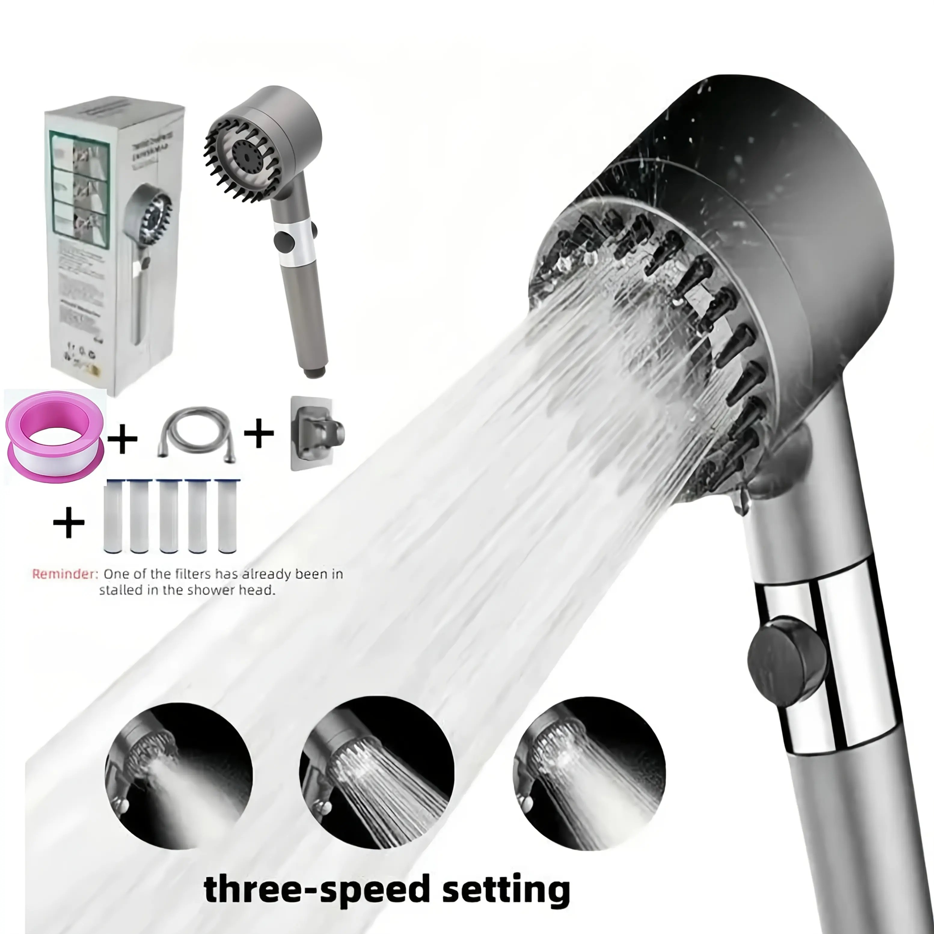 Metal Handheld High-Pressure Massage Shower Head - 3-Setting 4-in-1 Removable Design with Adjustable Spray, 47 in Upgraded Reinforced Thick Hose, Mounting Bracket and 5 Filter Cartridges, Handheld Head