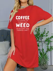 Soft & Slightly Stretchy Women's Nightgown Crew Neck Short Sleeve with Coffee Letter Print Sexy Elegant Youthful Perfect Gift for Christmas Mother's Day Valentine’s Day and New Year sexy nightdress