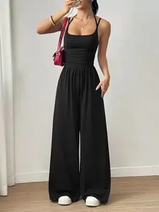 Women's Sexy Backless Jumpsuit, Spaghetti Strap Design, Smocked Bodice, Elegant One-Piece Romper, Ideal for Party Wear
