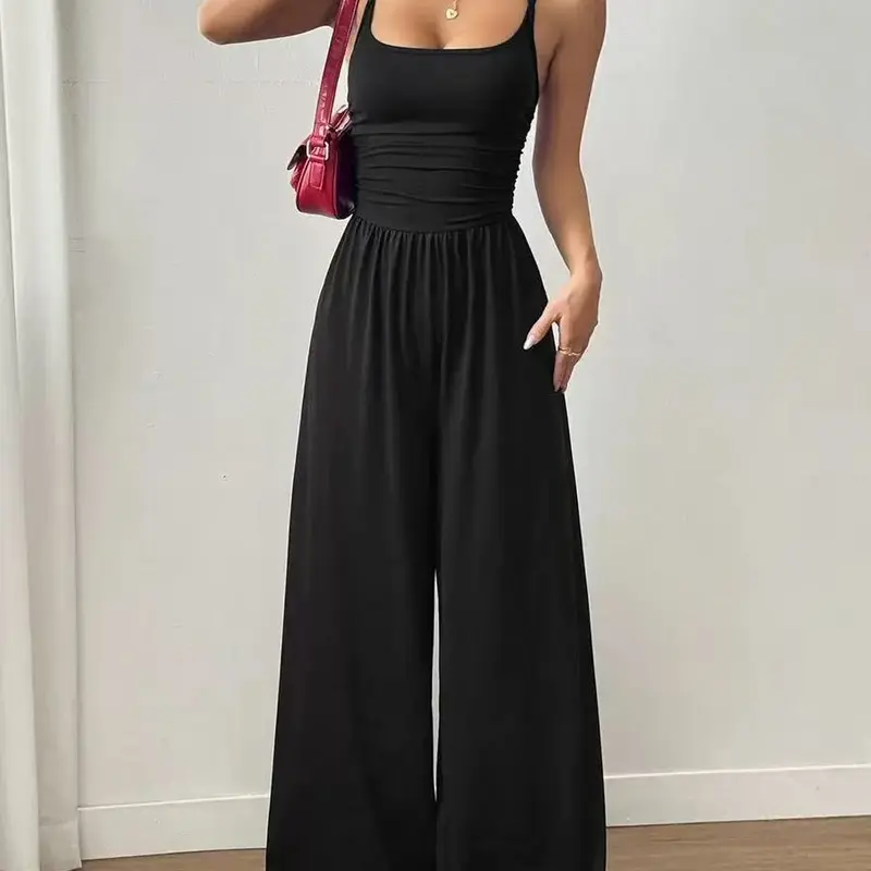 Women's Strappy Sleeveless Ruched Bodice Stretchy Backless Jumpsuit - Lightweight Elegant Basic Fabric, Female Stylish Women's Clothing, Night Out & Going Out Outfit, 1-Piece Overalls, Ideal for Party & Casual, Spring Womenswear
