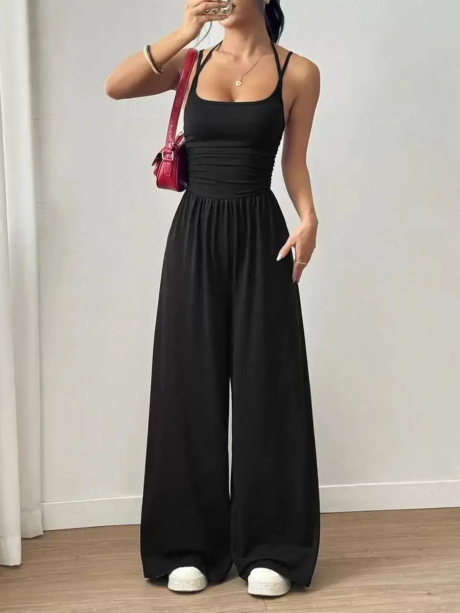 Women's Strappy Sleeveless Ruched Bodice Stretchy Backless Jumpsuit - Lightweight Elegant 1-Piece Overall, Ideal for Party & Casual Wear, TikTok Shop Spring Glow Up, Overalls, Jumpsuits For Women, Women's Clothing