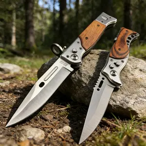 Utility Pocket Knife Button Assisted Open Knives Wooden Handle EDC Camping Hiking Tools, Multifunctional EDC Tool Men's Gifts