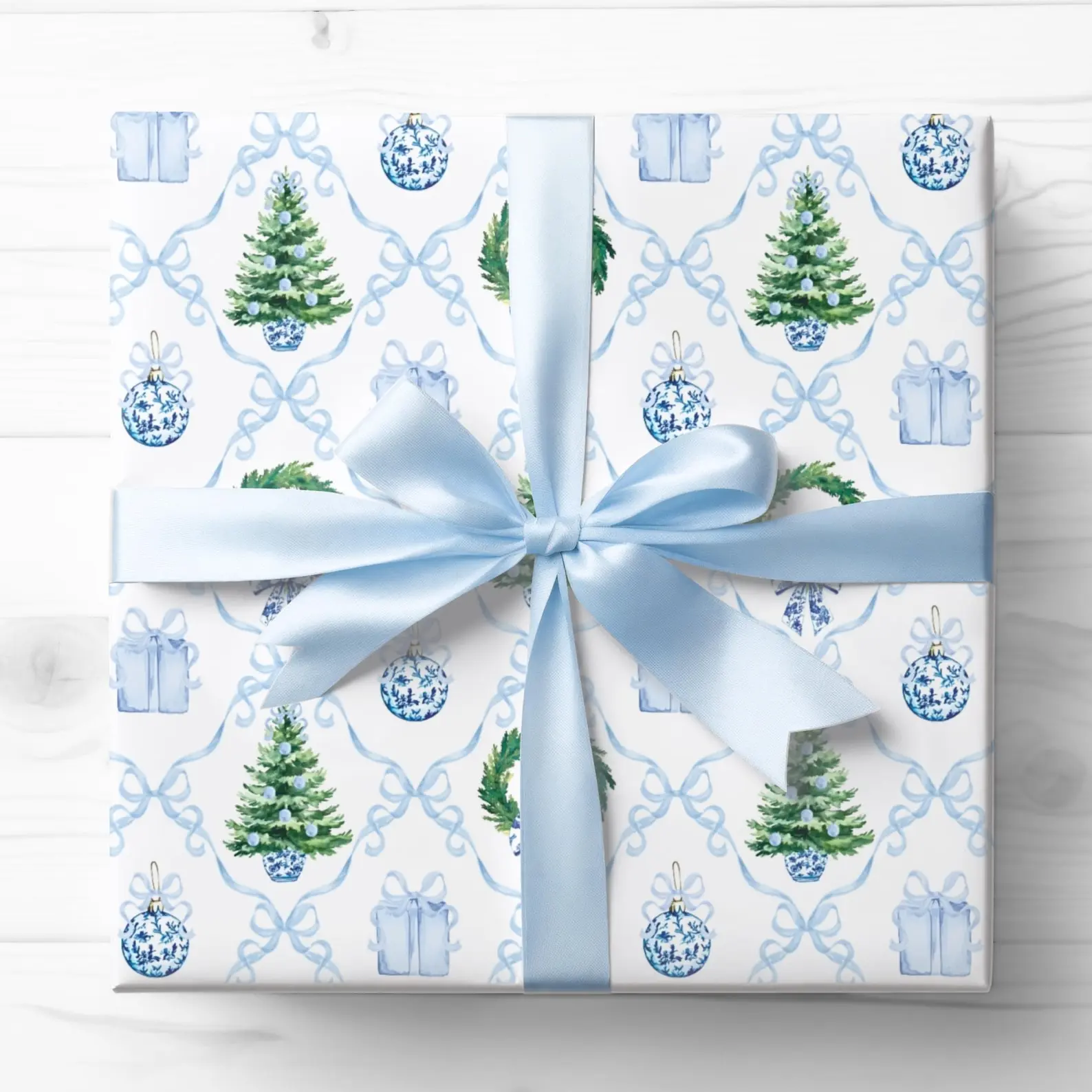 Blue Decor Wrapping Paper Christmas, Sophisticated Ornament Gift Wrap, Elegant Holiday Gift Wrap Wrapping Paper