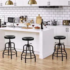 Yaheetech Industrial Bar Stool Vintage Counter Height Stool with Round Faux Leather Seat Adjustable Kitchen Stool 21.5-28 Inch Tall, 1PC