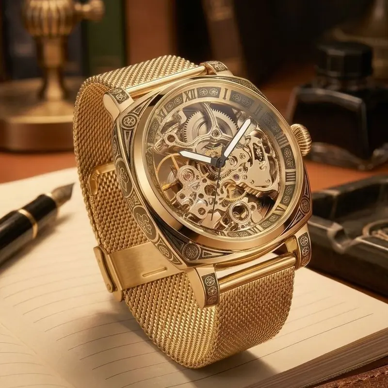 Men's Business Hollow-Out Design Mechanical Watch, Stylish Analog Wristwatch for Party & Daily Wear, Trendy Versatile Watch, Exquisite Birthday Gift, Business Fashion Wristwatch