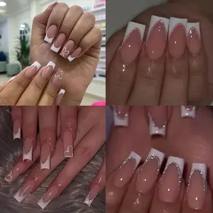 96pcs Medium Almond Nail Tips Set, Glossy French Heart Design, Includes Storage Box, Perfect for Women & Girls Daily Use, Glossy Fake Nails