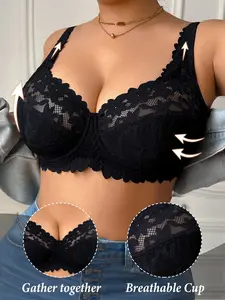Plus Size Full Coverage Bra, Lace Trim Lift Design, Anti-Sag Support, Comfortable Daily Wear, Elegant Style, All Seasons