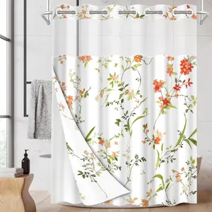 1pc hookless shower curtain with buckle lining, spring-themed orange-red floral Flower, green leaf, and white design, 2D flat printing, fabric waterproof lining, see-through double-layer shower curtain, 71 x 74 inches, modern home draping curtain