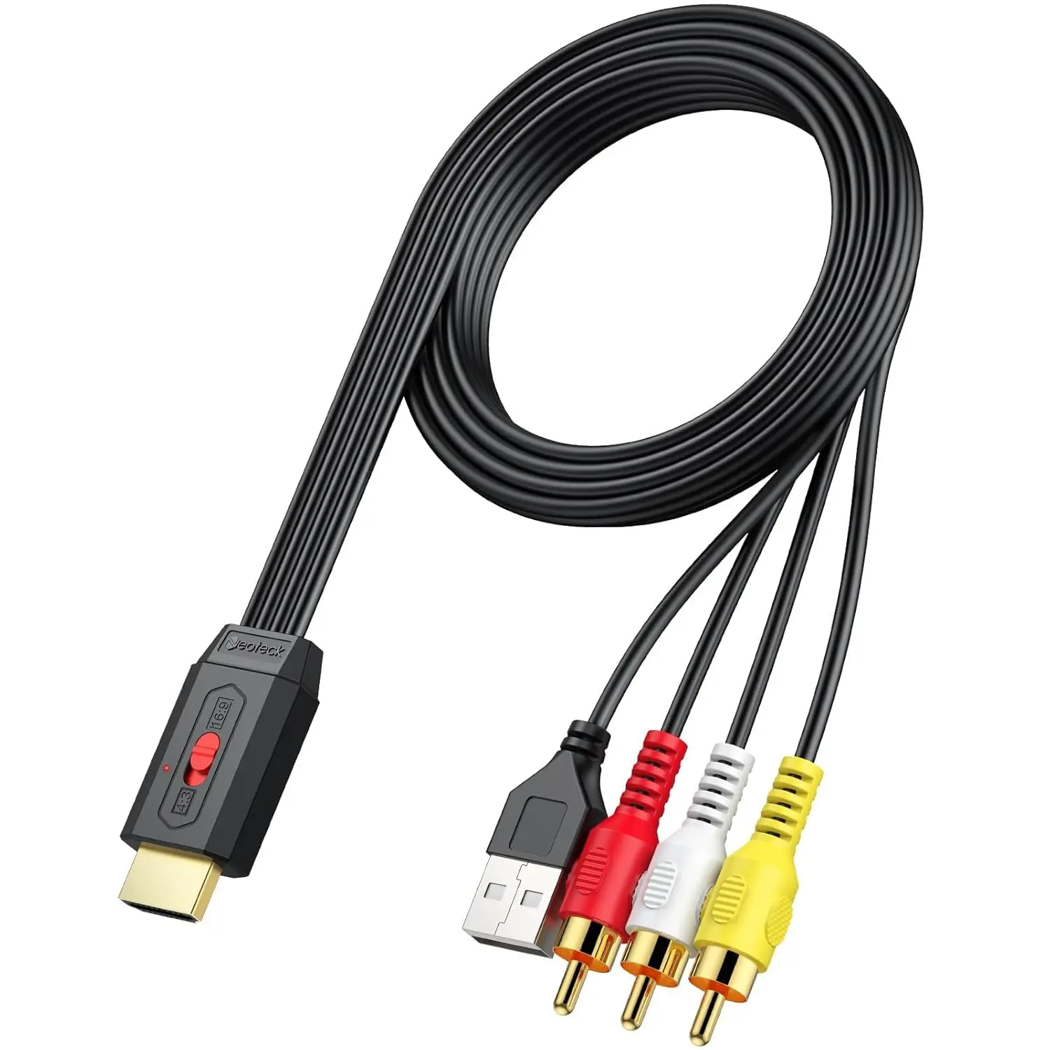 Neoteck RCA to HDMI Converter - Compact Digital Accessory with 150cm/5ft Built-in AV Cable, USB Connection, 16:9/4:3 Conversion, Plug-and-Play for DVD VCR Players, Vintage Movies