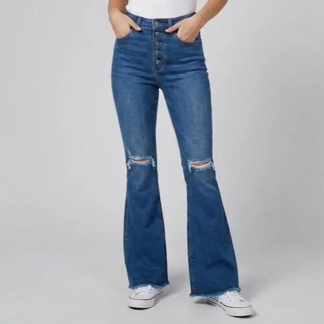 Women's Blue High Waisted Long Slim Fit Stretch Denim Leggings - Ripped, Distressed Raw Hem, Stretchy Soft Fabric, Casual, Slimming, Button Detail, All Seasons Day/Street Wear Pants Jeans Bottoms -010466, Year-Round