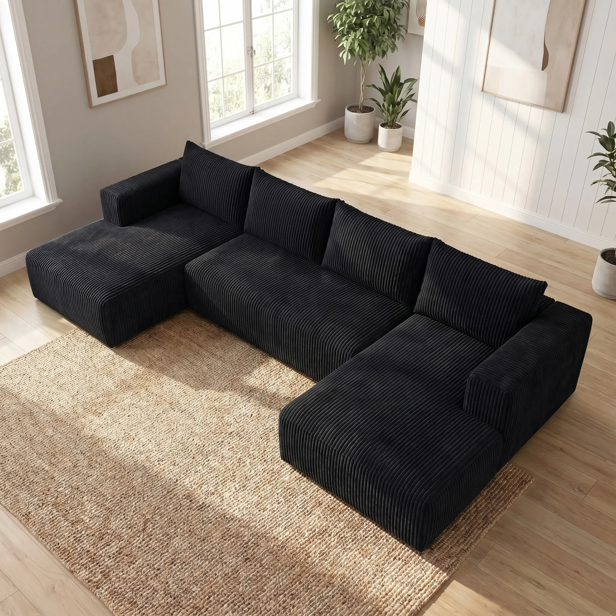 【2 Packages Shipping】132" Modular Sectional  U-Shaped Sofa  Boneless Sofas with Double Chaise Lounge Sectional Couches for Living Room