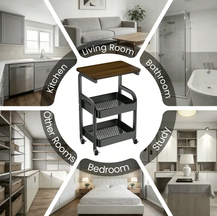 3-Tier Rolling Storage Cart with Wood-Look Tabletop, 2 Mesh Storage Baskets and 360° Swivel Wheels, Multipurpose Mobile Side Table Organizer for Kitchen, Bathroom, Bedroom, Living Room and Home Office Decor Racks