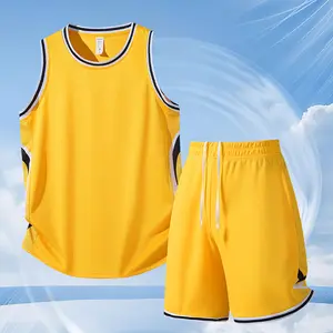New summer sports fitness basketball suit Young men's running clothes sleeveless suit bright color loose ice silk running ball training solid color suit