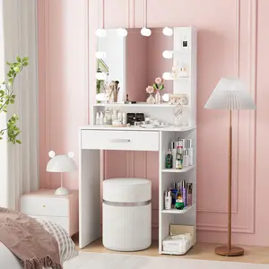 Makeup Vanity Desk with Mirror and Lights, 26.4”Small Vanity Mirror with Lights with Large Drawer and 6 Level Storage, White Vanity with Large Led Mirror with 3 Color Lighting Modes