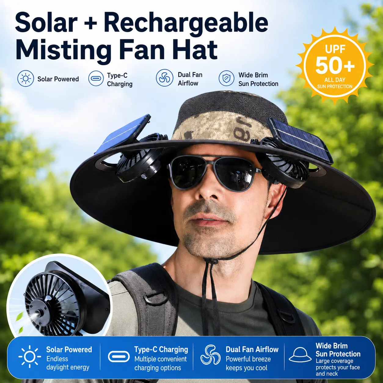 Solar Rechargeable Misting Fan Hat with UPF 50+ Sun Protection Dual Fan Airflow Type-C Charging Wide Brim for All Day Comfort