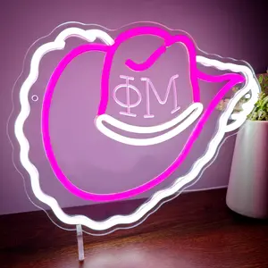 Pink Cowgirl Hat LED Neon Sign, Led Neon Lights, Preppy Room Decor College Dorm Essentials Sorority Gift Rush Week Bid Day Western Aesthetic Wall Art Bedroom Night Light Party Supplies For Girls Bachelorette Lamp